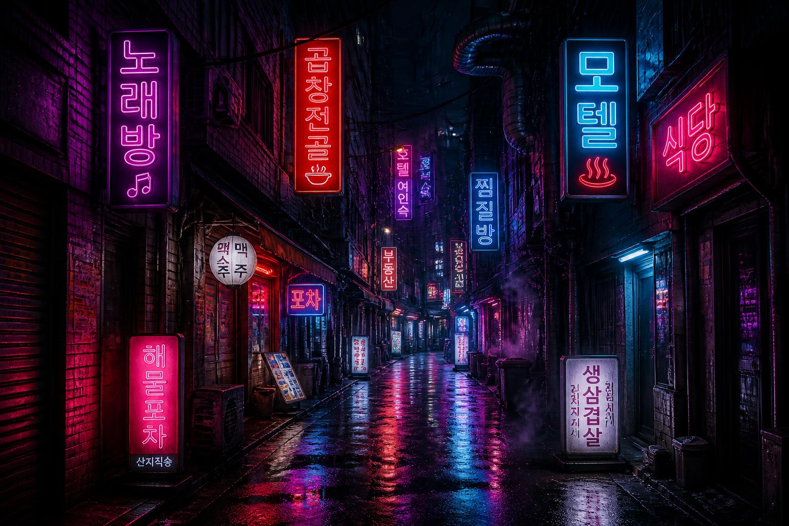 Neonlyst bakgata i Seoul om natten